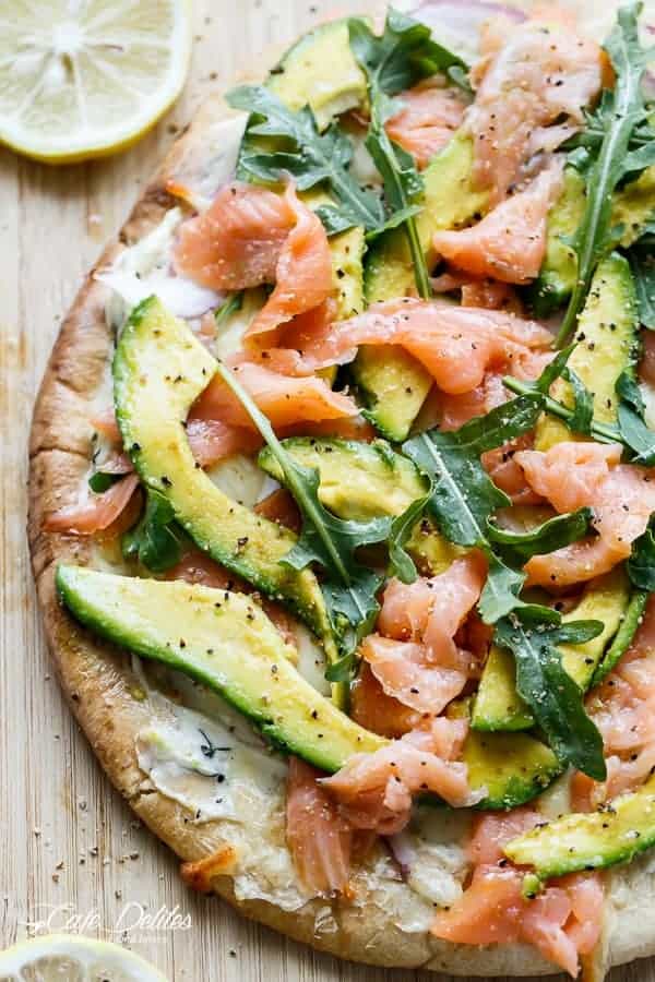 Herbed cream cheese with hot smoked salmon and avocado