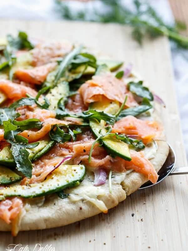 Smoked Salmon and Avocado Pizza on a pan
