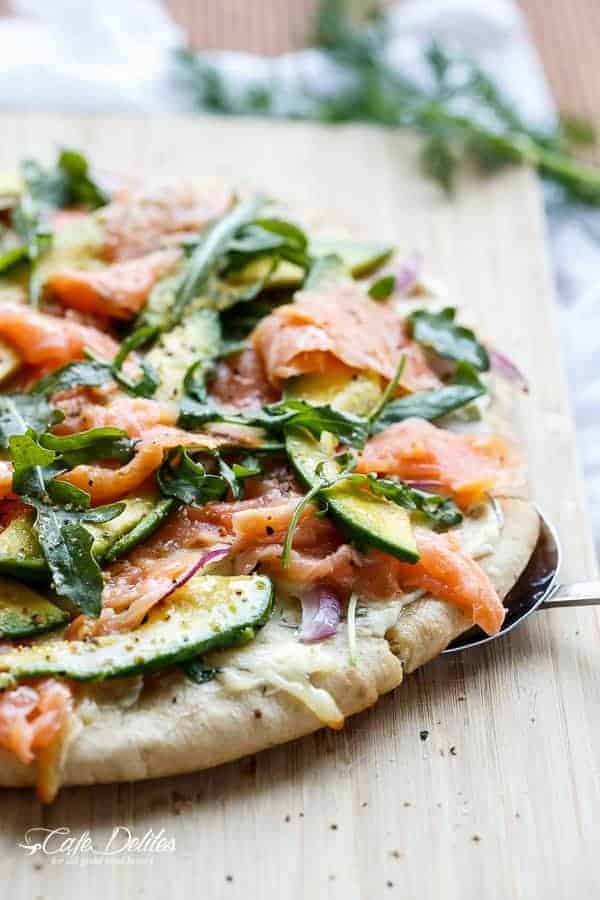 Herbed cream cheese with hot smoked salmon and avocado