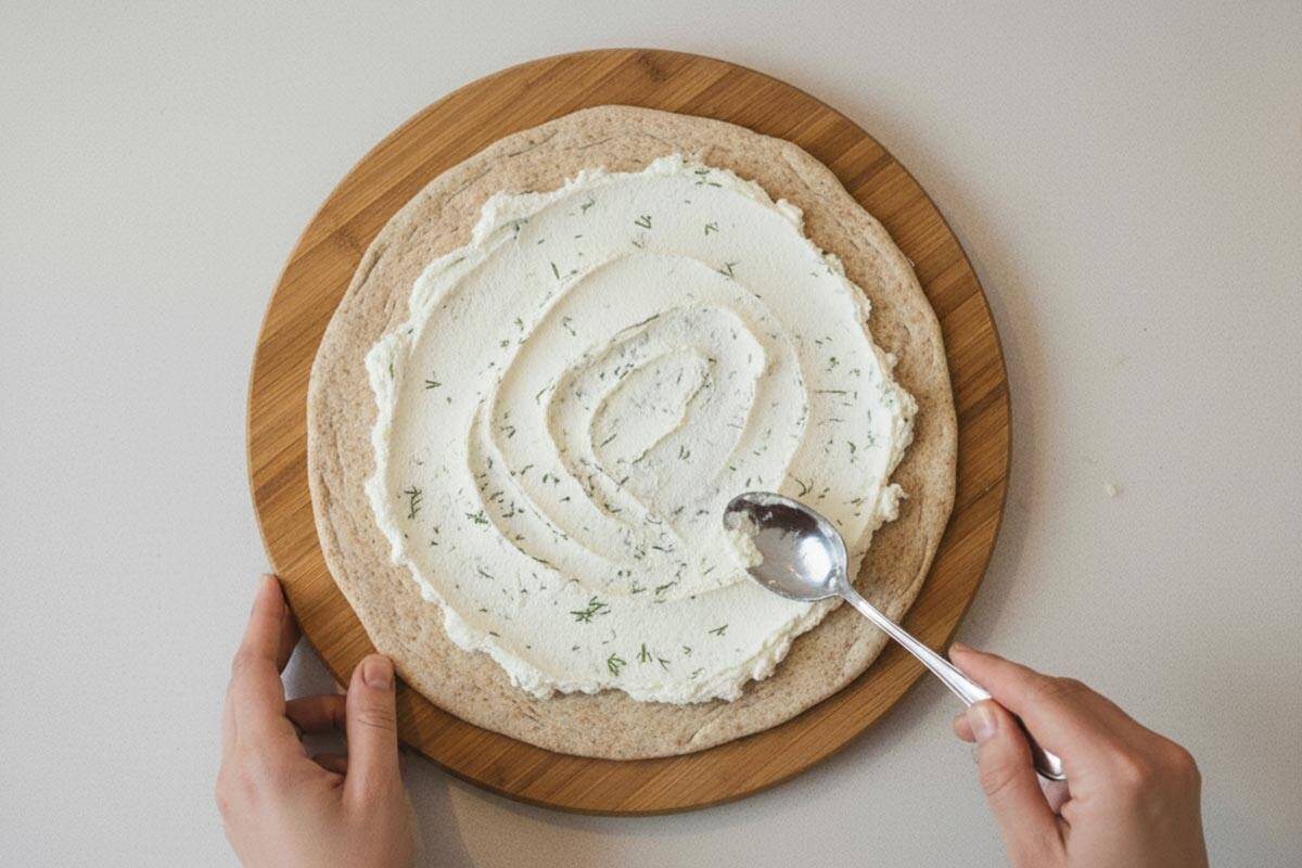 Spreading the cream cheese on the pizza base.