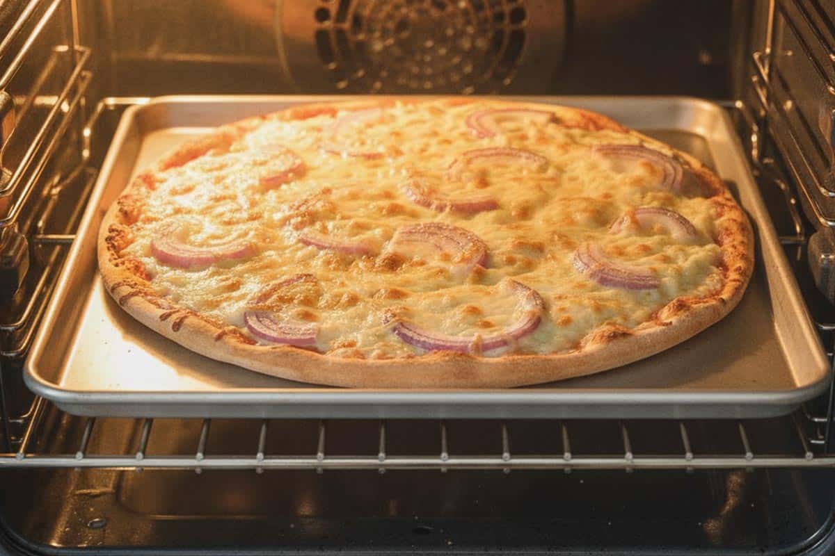 Baking the pizza in the oven.