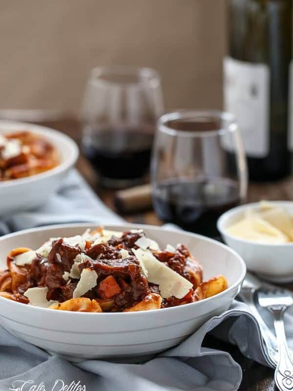 Fiery Lamb Ragu on Parpadelle on a platter