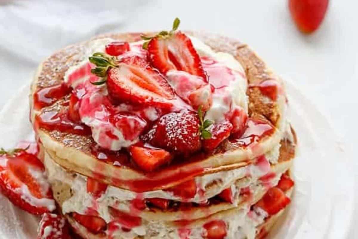 Close-up shot of Strawberry Greek Yogurt Pancakes. - 10
