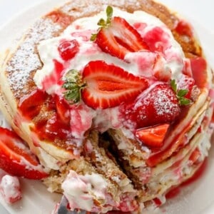 Strawberry Shortcake Greek Yogurt Pancakes on a plate