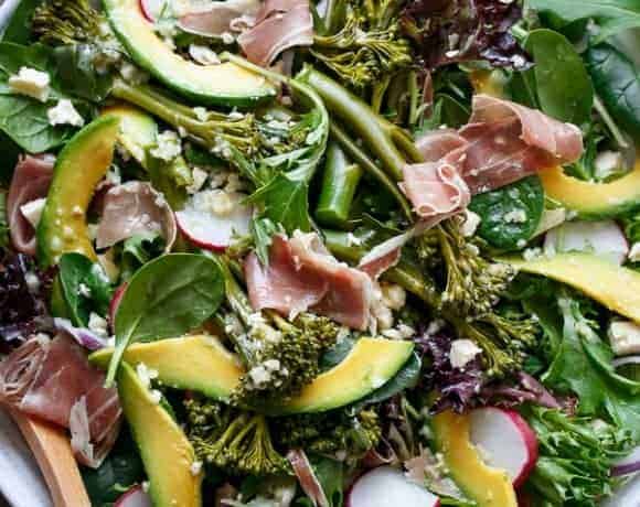 Broccolini, Prosciutto, Feta And Avocado Salad | https://cafedelites.com