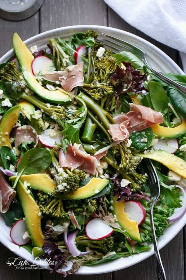  Feta And Avocado Salad with a Dijon Dressing Broccolini, Prosciutto, Feta And Avocado Salad