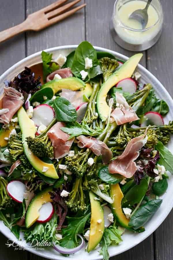  Feta And Avocado Salad with a Dijon Dressing Broccolini, Prosciutto, Feta And Avocado Salad