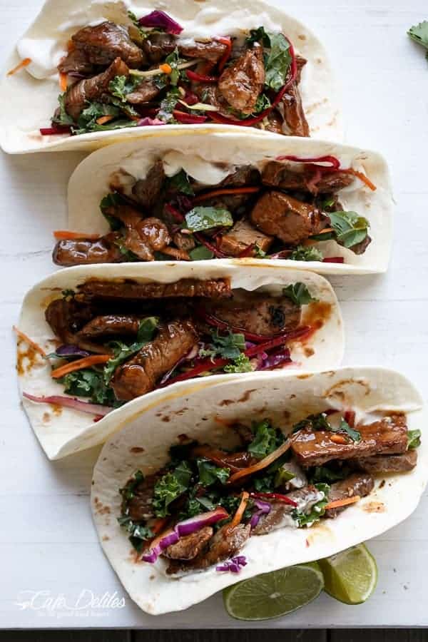 Korean Bulgogi Bbq Beef Tacos with Kale Slaw | https://cafedelites.com