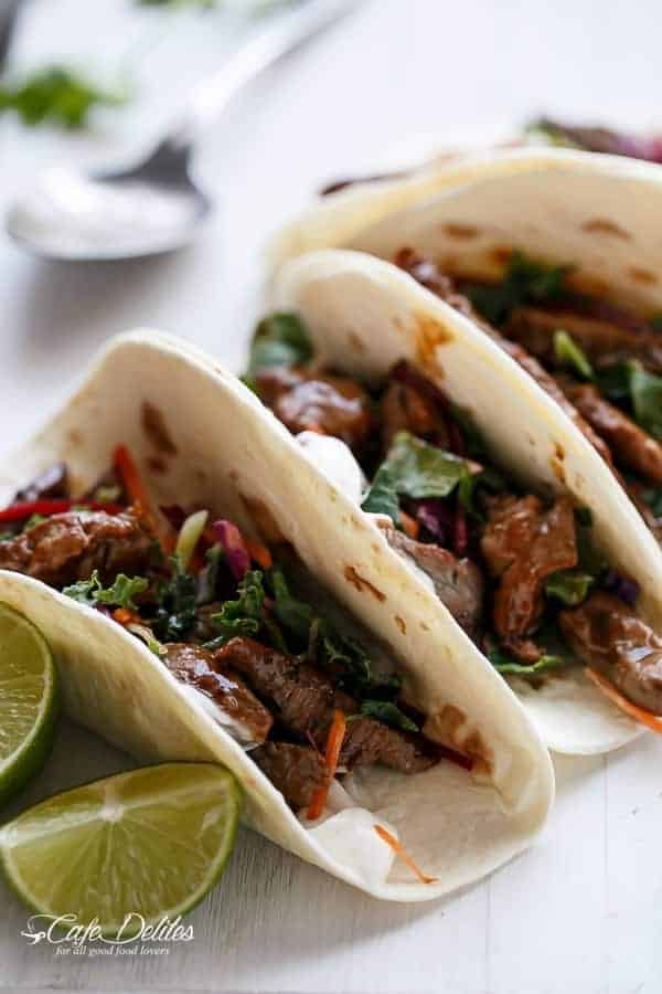 Korean Buglogi Bbq Beef Tacos with Kale Slaw | https://cafedelites.com