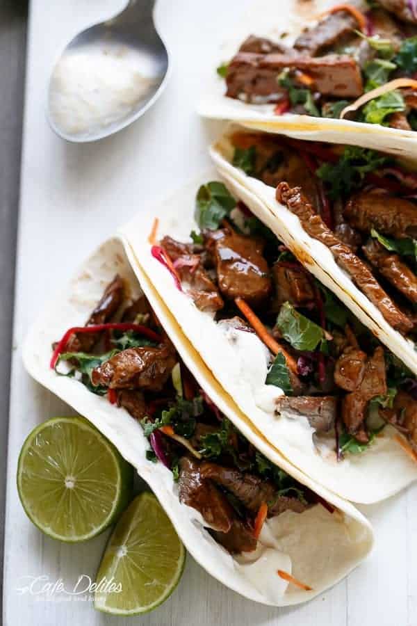 Korean Buglogi Bbq Beef Tacos with Kale Slaw | https://cafedelites.com