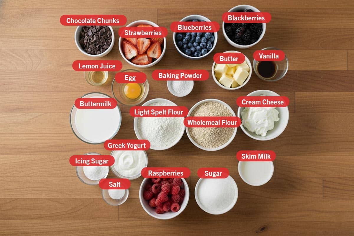 Top shot of ingredients: chocolate chunks, strawberries, blueberries, blackberries, lemon juice, egg, baking powder, butter, vanilla, buttermilk, light spelt flour, wholemeal flour, cream cheese, icing sugar, greek yogurt, salt, raspberries, sugar, and skim milk. - 2