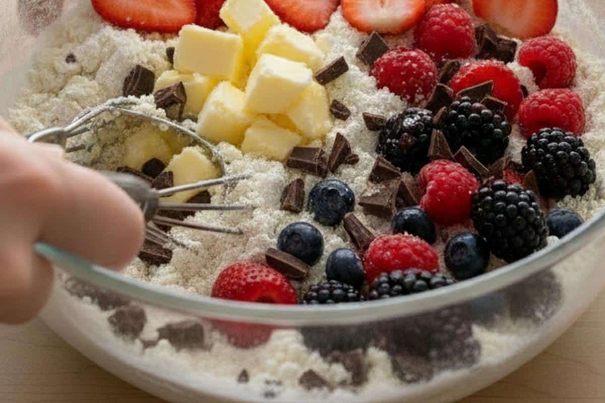 Mixing the flours, baking powder, salt, butter, berries and half of the chocolate in a bowl. - 5