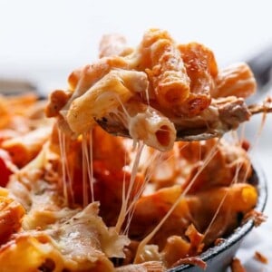 Cheesy Chicken and Roasted Tomato Mozzarella Pasta Bake in a bowl