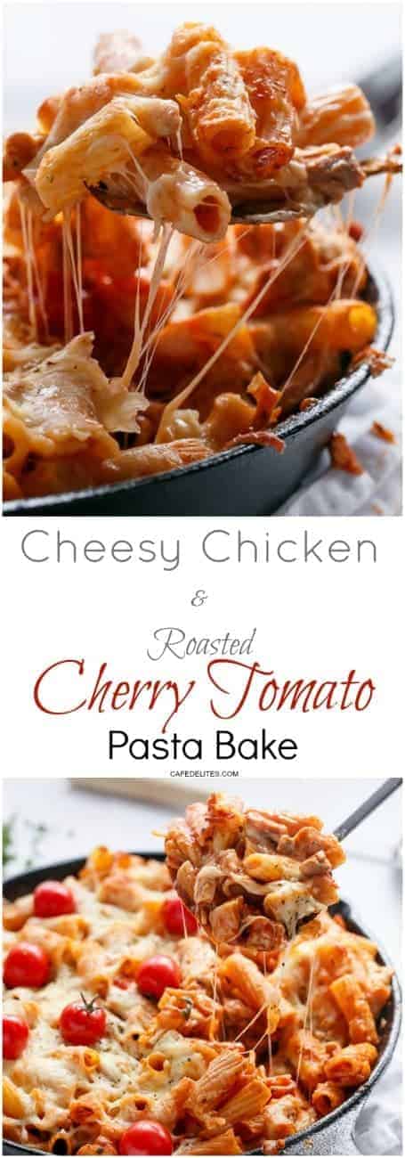 Cheesy Chicken and Roasted Tomato Mozzarella Pasta Bake | https://cafedelites.com