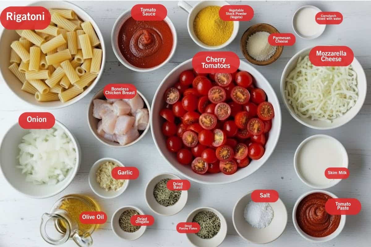 Flat lay photo of ingredient shot of rigatoni, tomato sauce, vegetable stock powder - vegeta, parmesan cheese, cornstarch mixed with water, mozzarella cheese, skim milk, tomato paste, salt, dried oregano, dried bail, dried parsley flakes, salt, olive oil, garlic, brown onion, cherry tomatoes, boneless chicken breast