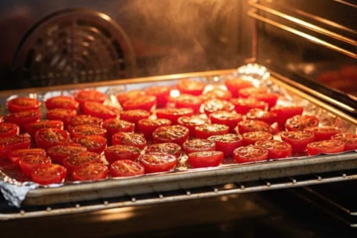 Preheat oven to the grill or broil setting on medium heat. Arrange halved tomatoes in a single layer on a foil-lined tray, spray with oil.