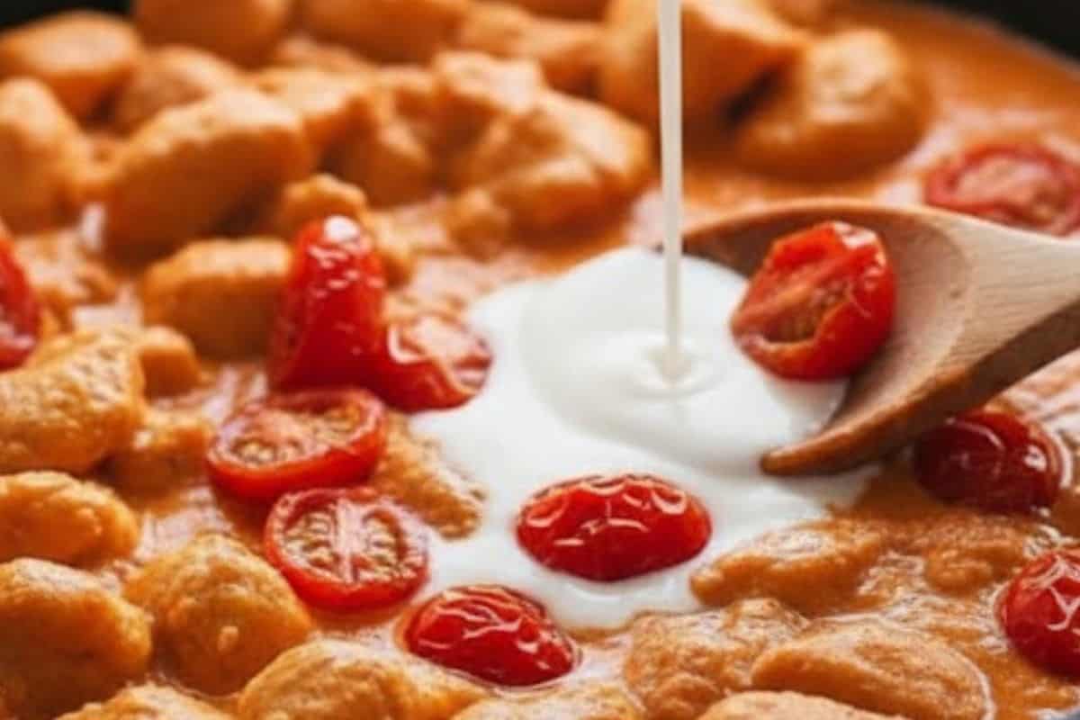 Add the roasted cherry tomatoes to the pan, then pour in the milk and cornflour mixture.