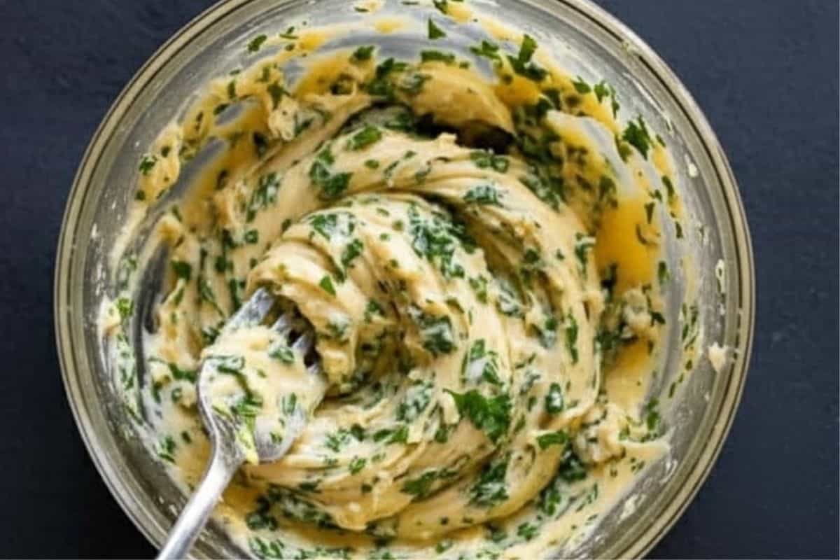  In a small bowl, mix together the butter, garlic, parsley, and a pinch of salt