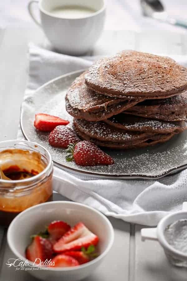 Double Chocolate Brownie Pancakes | https://cafedelites.com
