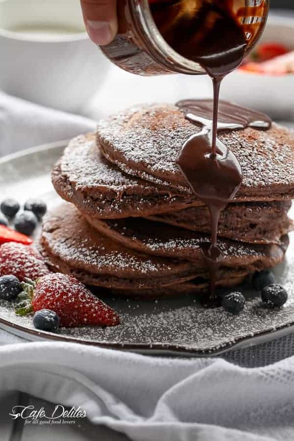 Double Chocolate Brownie Pancakes | https://cafedelites.com