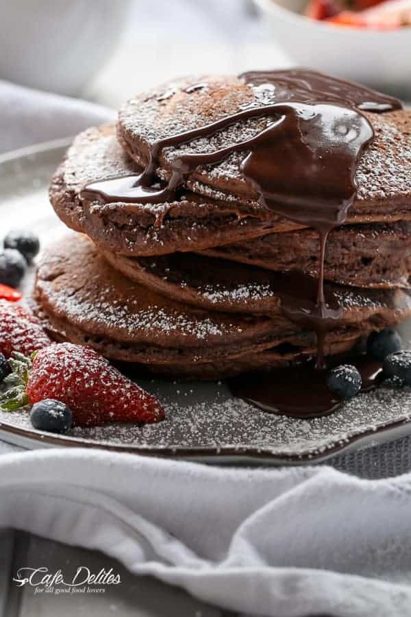 Double Chocolate Brownie Pancakes | https://cafedelites.com