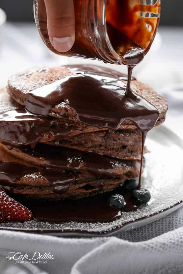 Double Chocolate Brownie Pancakes | https://cafedelites.com