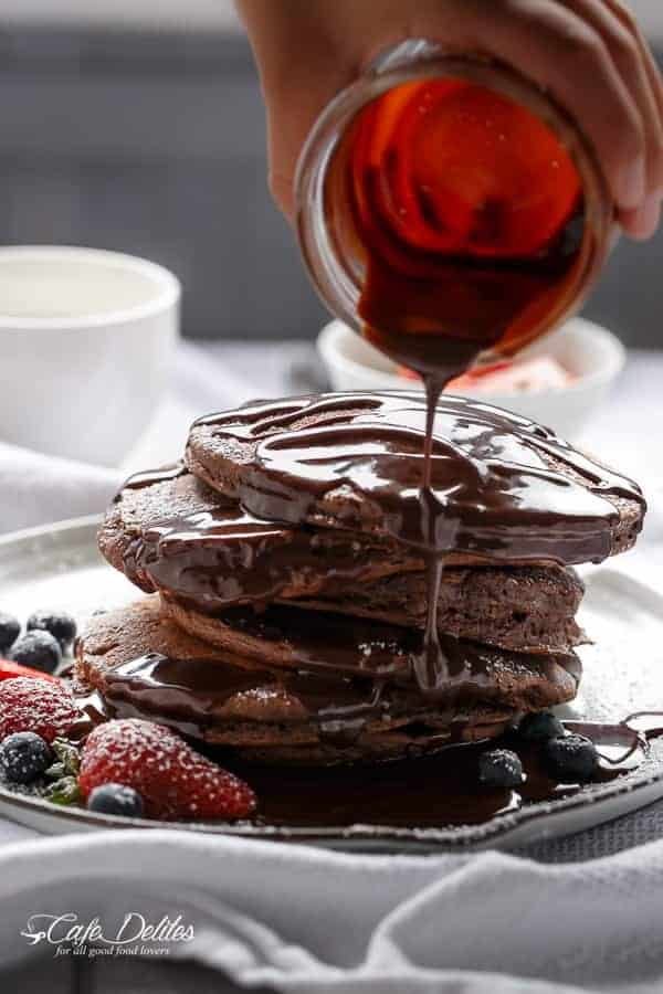 Also known as Birthday Cake for breakfast Double Chocolate Brownie Pancakes