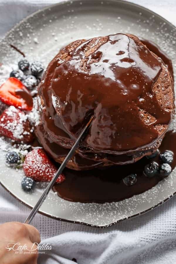 Double Chocolate Brownie Pancakes | https://cafedelites.com