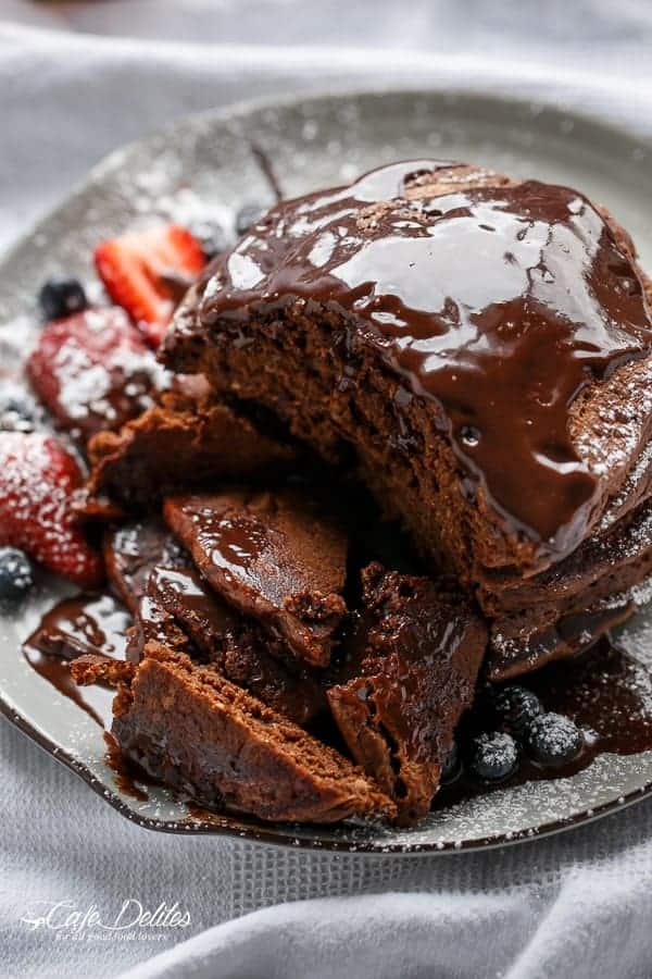 Double Chocolate Brownie Pancakes | https://cafedelites.com