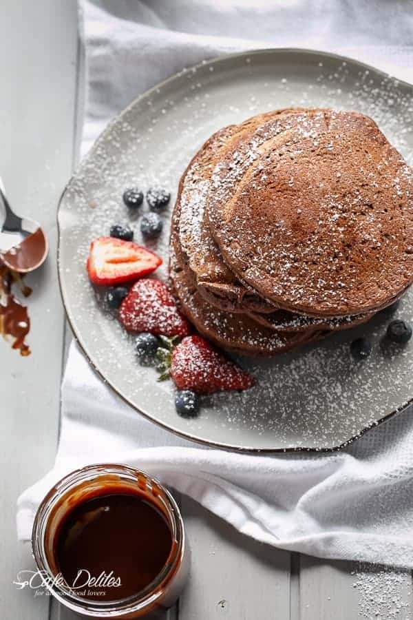 Double Chocolate Brownie Pancakes | https://cafedelites.com