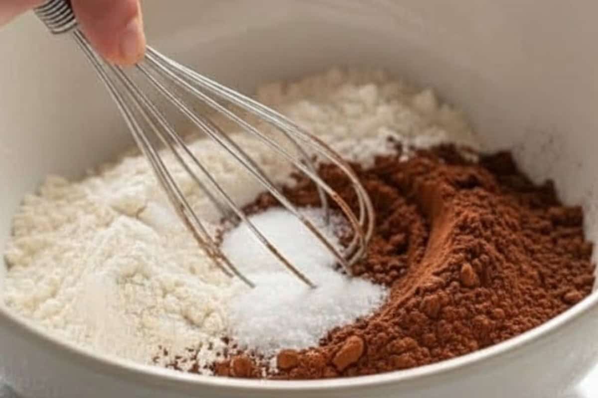 Whisk together the flour, cocoa powder, sugar, baking powder, and salt in a large bowl