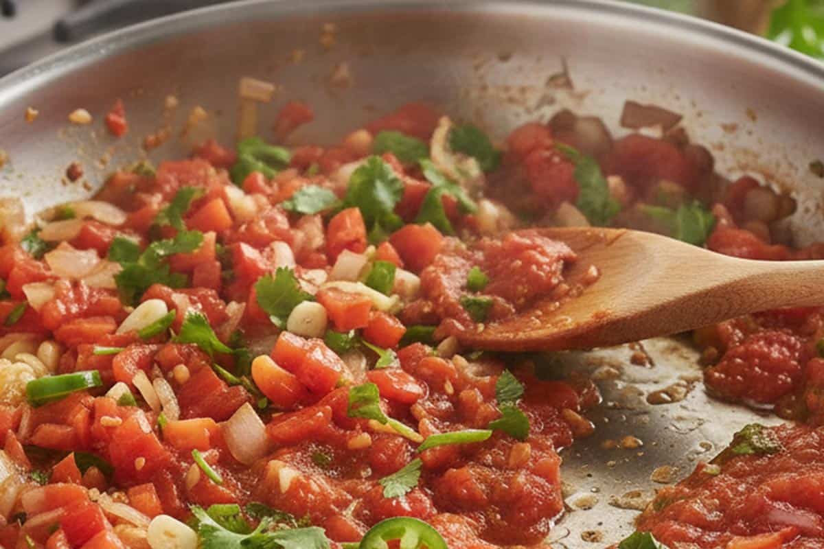 Cooking the onion, garlic, capsicum jalapeño, tomatoes and cilantro in a pan. - 4