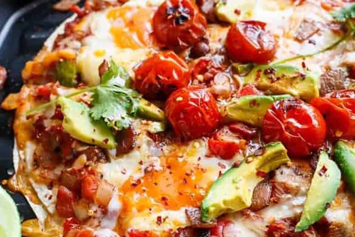 Close-up shot of Huevos Rancheros Tortilla Pizza. - 10