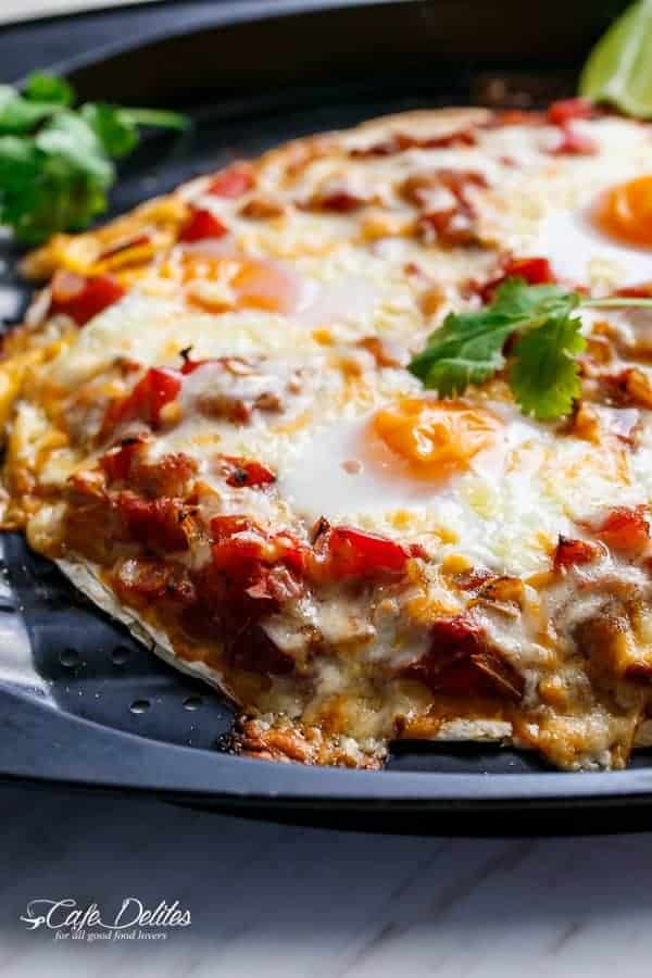 Huevos Rancheros Tortizza (Tortilla Pizza) | https://cafedelites.com