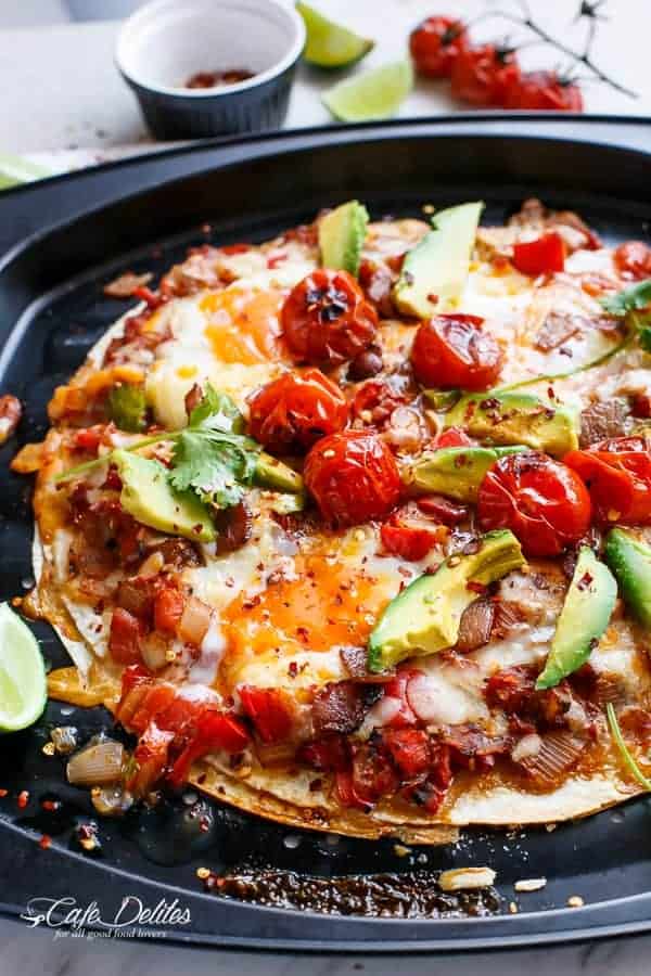 Huevos Rancheros Tortizza (Tortilla Pizza) | https://cafedelites.com