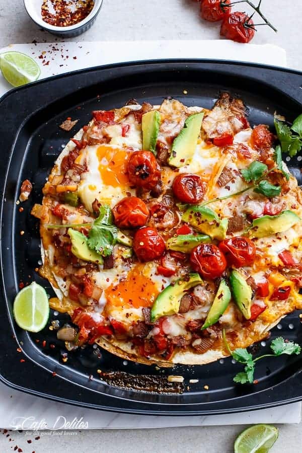 Huevos Rancheros Tortizza (Tortilla Pizza) | https://cafedelites.com