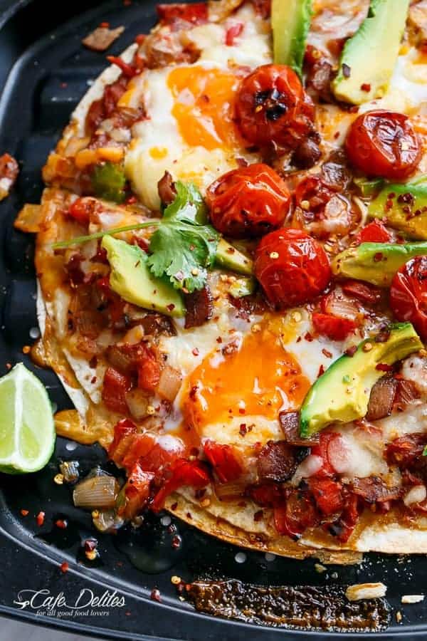 Huevos Rancheros Tortizza (Tortilla Pizza) | https://cafedelites.com