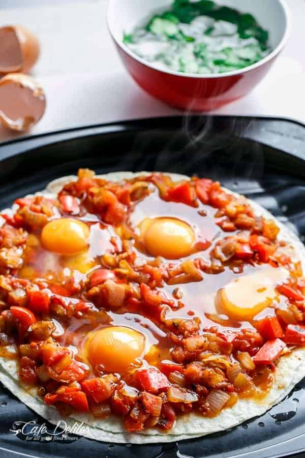 Huevos Rancheros Tortizza (Tortilla Pizza) | https://cafedelites.com