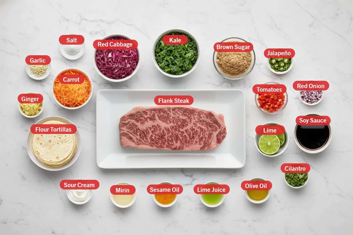 Top shot of ingredients: ginger, garlic, salt, flour tortillas, carrot, red cabbage, kale, brown sugar, jalapeño, tomatoes, red onion, lime, soy sauce, cilantro, olive oil, lime juice, sesame oil, mirin, sour cream, and flank steak.