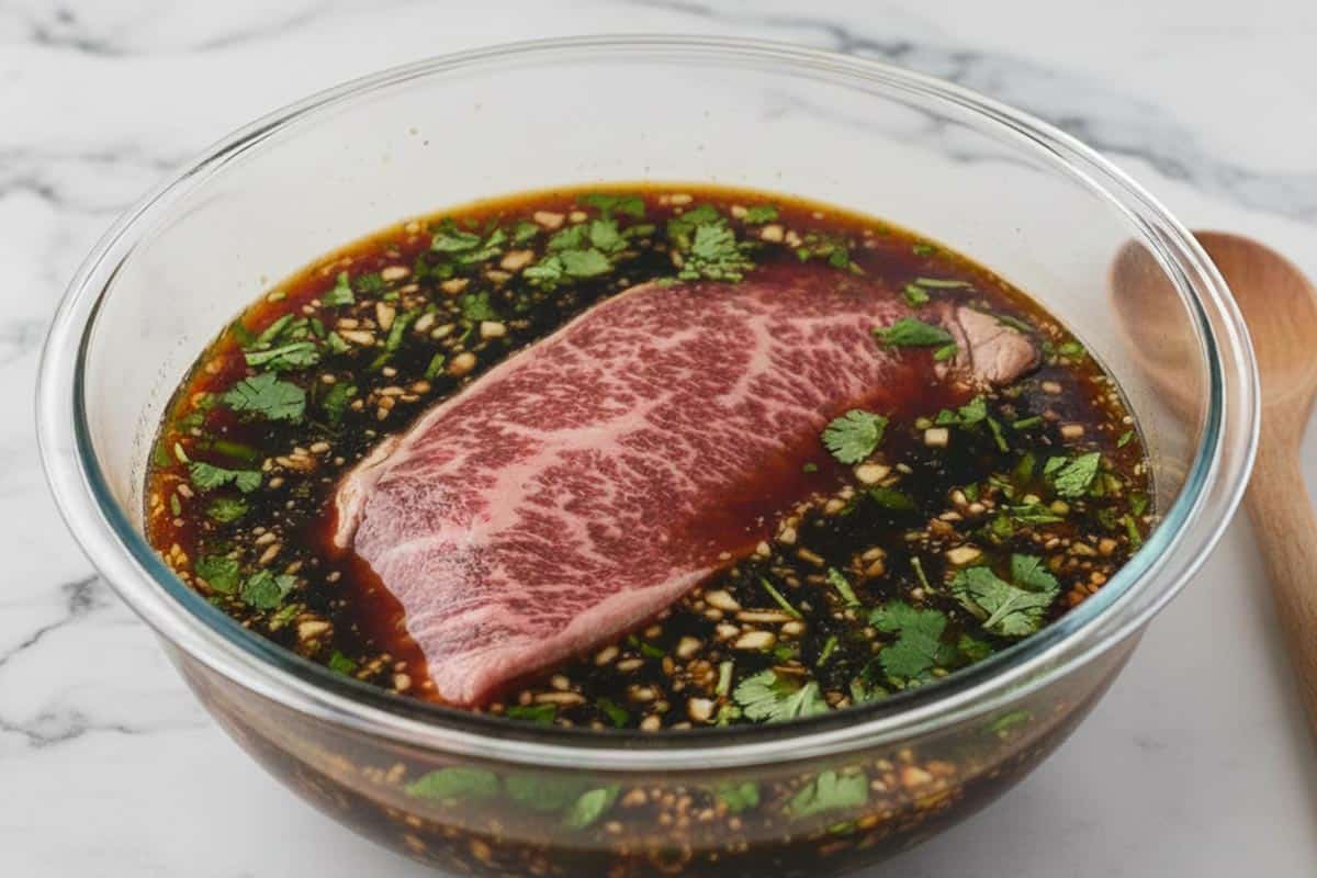 Mixed soy sauce, mirin, sugar, sesame oil, garlic, ginger, coriander, and steak in a bowl.
