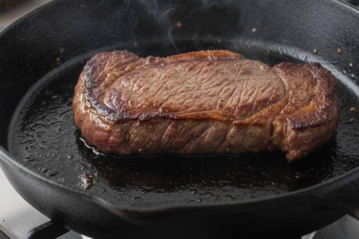Searing the steak in a pan.