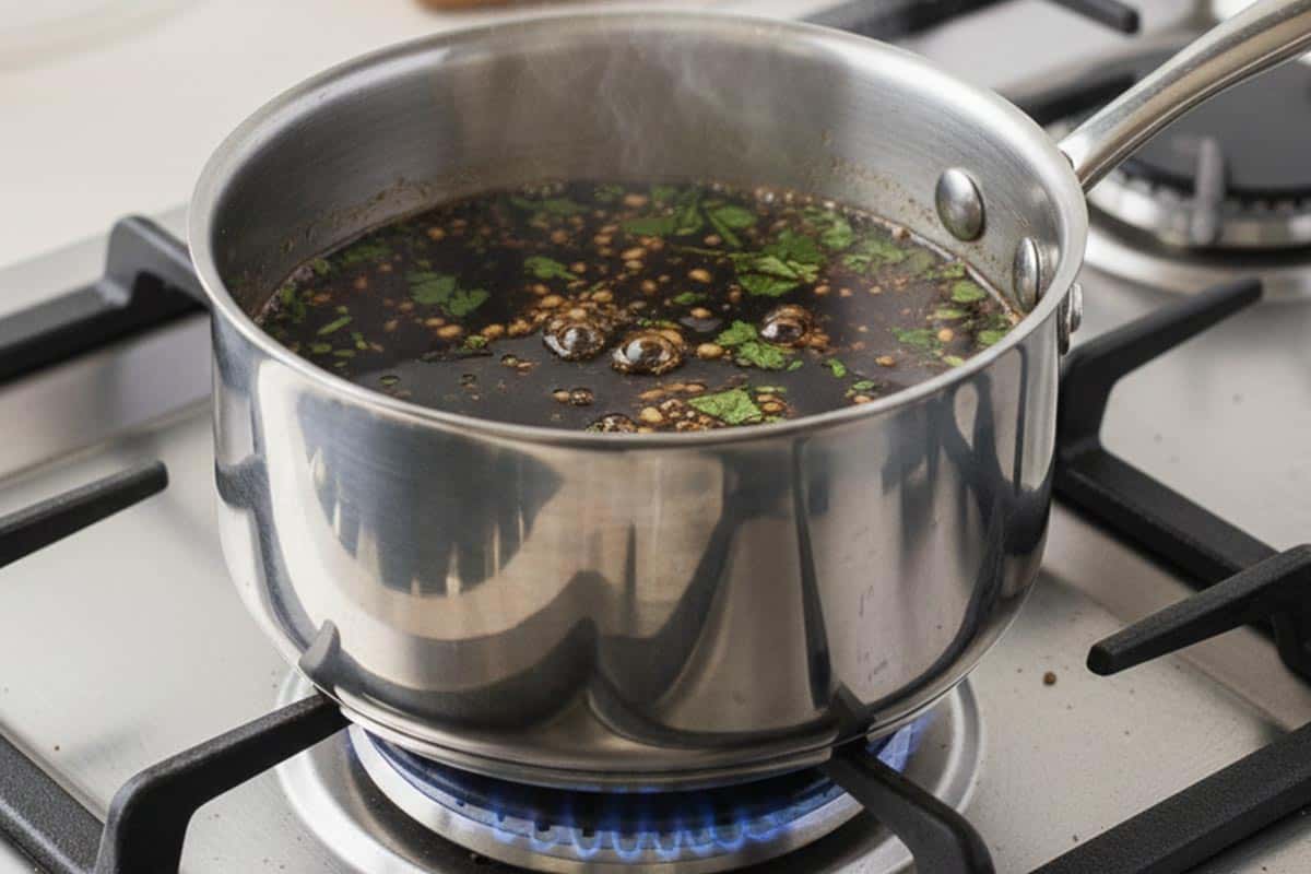 Simmering the marinade in a saucepan.
