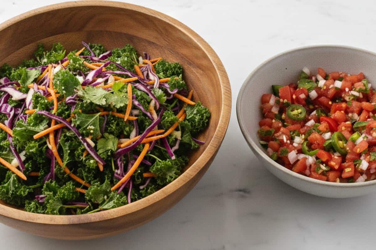 Kale slaw in a bowl beside the pico de gallo in a bowl.