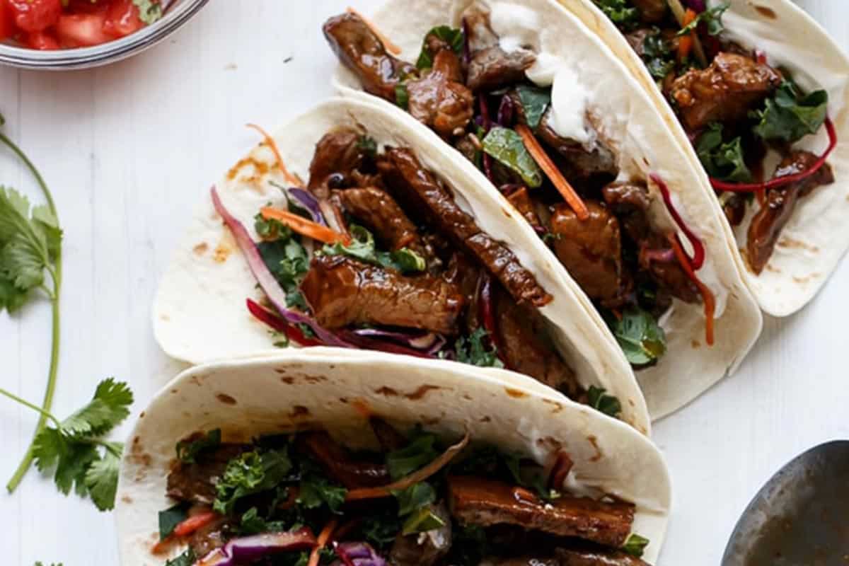 Close-up shot of Korean Bulgogi Tacos.