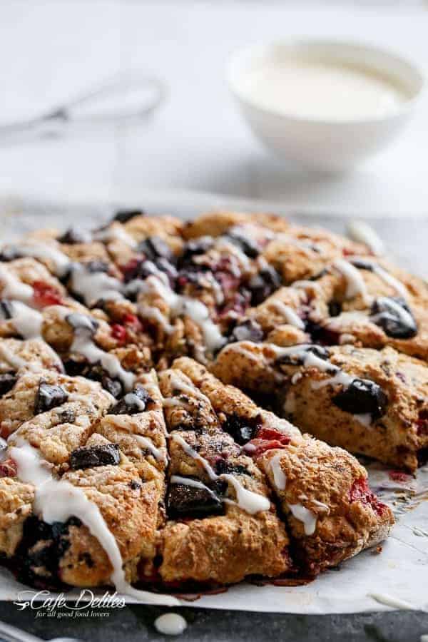 Mixed Berry and Chocolate Chunk Buttermilk Scones with a Cream Cheese Glaze