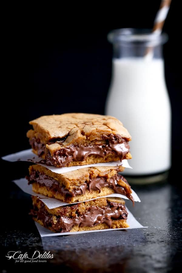 Nutella Stuffed Salted Caramel Blondies | https://cafedelites.com