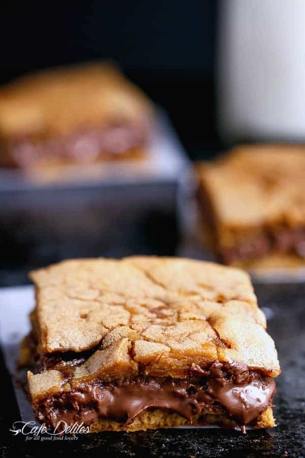 Nutella Stuffed Salted Caramel Blondies | https://cafedelites.com