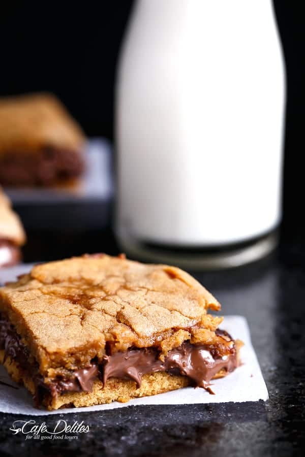 Nutella Stuffed Salted Caramel Blondies | https://cafedelites.com