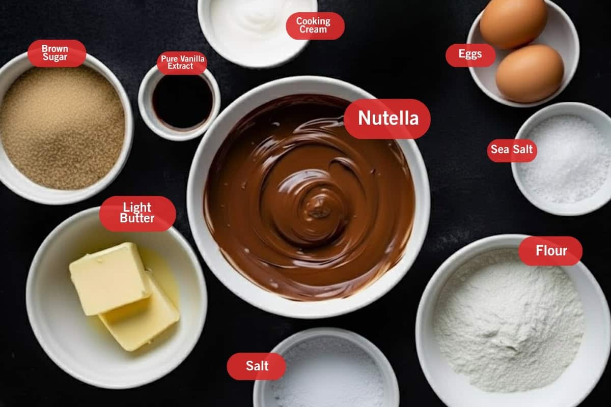 Flat lay photo of ingredient shot of brown sugar, pure vanilla extract, cooking cream, eggs, sea salt, flour, salt, light butter, nutella