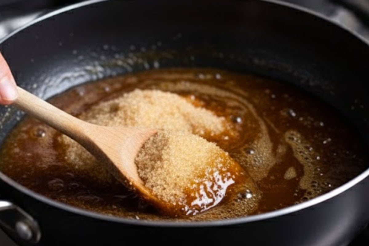 In a nonstick saucepan, add brown sugar over medium-high heat.